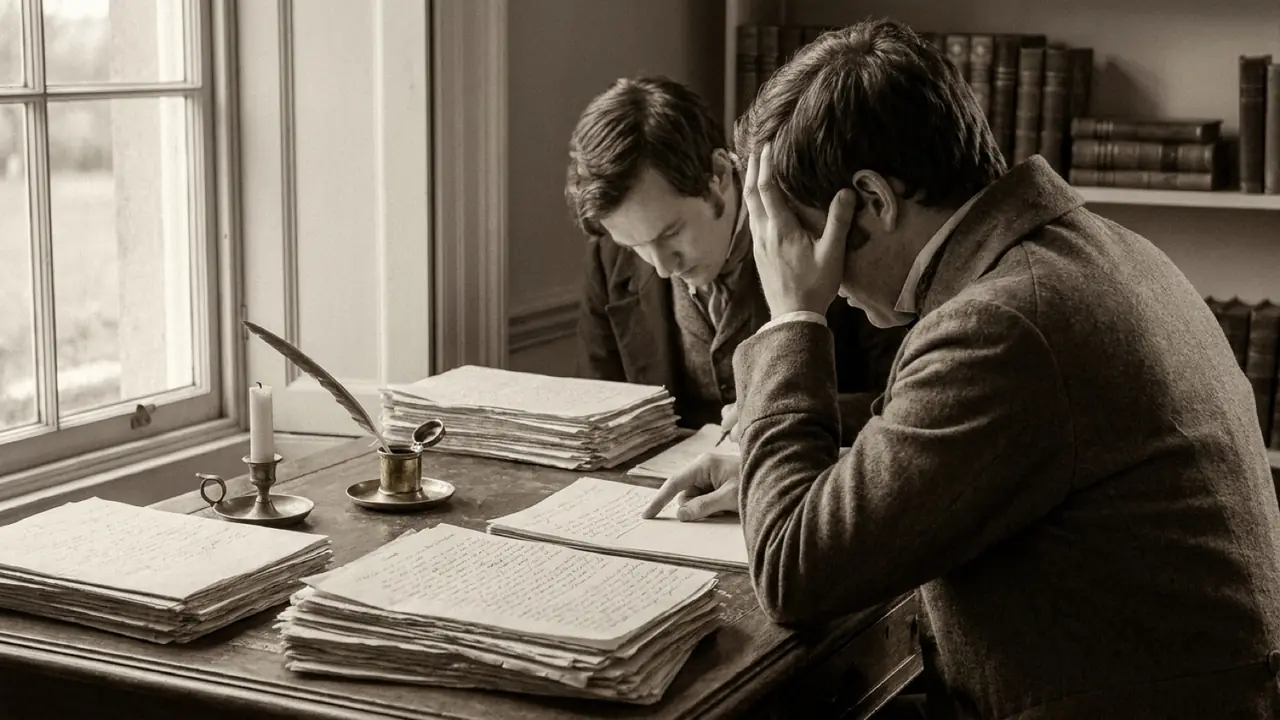 Two men in Regency dress at a desk, each bent over a separate stack of handwritten tables, comparing them line by line by candlelight