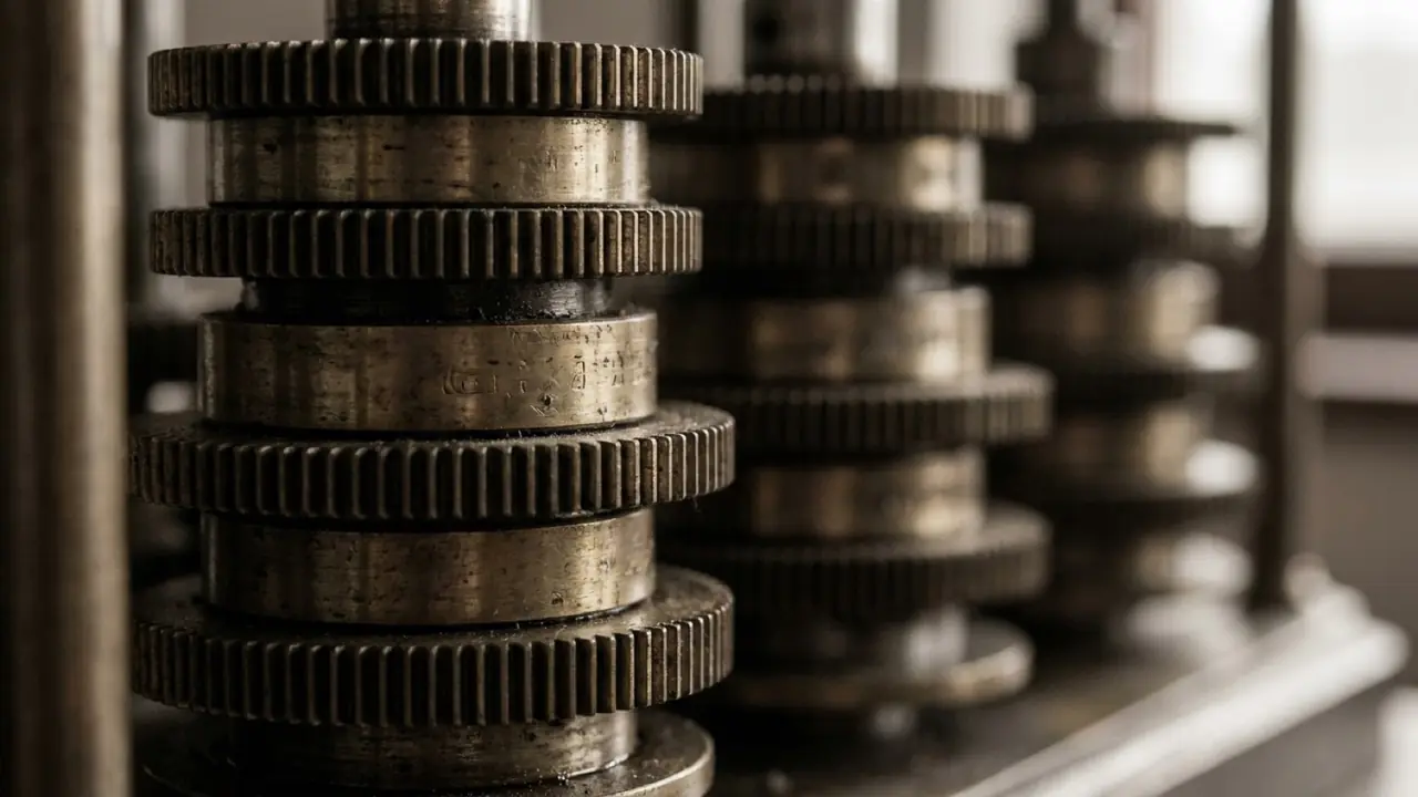 Close detail of the stacked brass gear columns of a nineteenth century mechanical calculating engine, front wheels sharp, the columns receding into soft focus